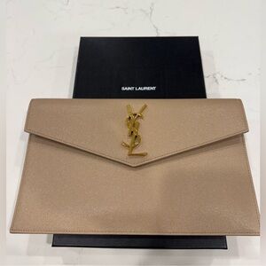 Saint Laurent Beige Envelope Clutch with Gold Emblem